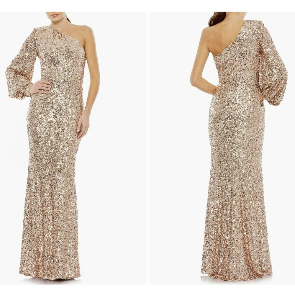 Mac Duggal Size 8 Gold One Shoulder Sequins Column Maxi Dress Formal Gown NWT